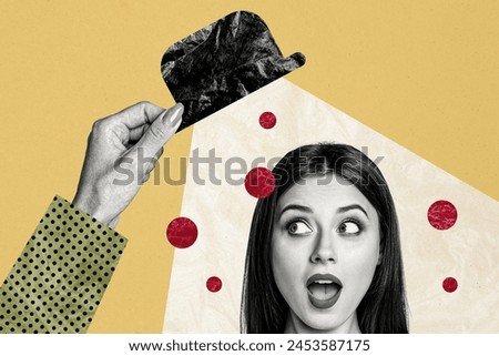 Creative collage picture young amazed woman headwear cylinder hat show trick magician curious look drawing background Royalty-Free Stock Photo #2453587175