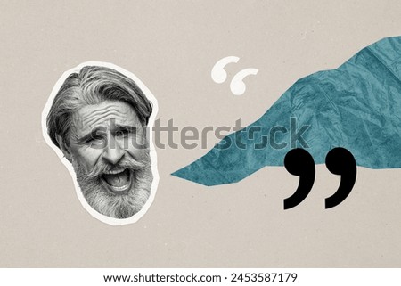 Creative collage image retired elder mature man citation quote remark speech say scream note discussion share opinion mention Royalty-Free Stock Photo #2453587179