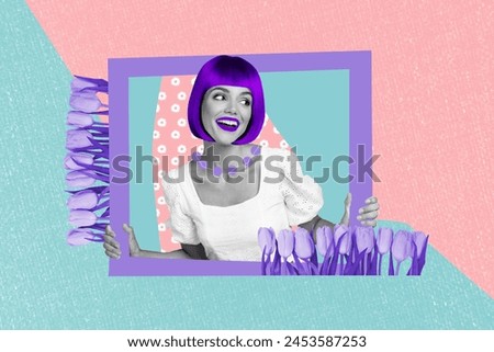 Creative collage picture young cheerful girl picture frame environment fresh flowers blossom beautiful hairstyle drawing background