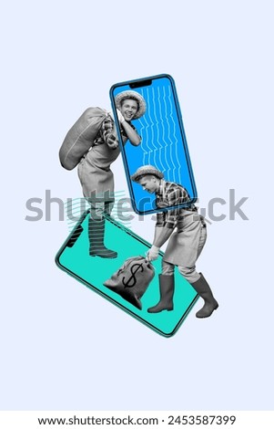 Vertical photo collage of happy man wear gardener uniform hat apron boots carry dollar bag iphone device isolated on painted background