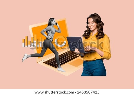 Creative collage picture happy smiling businesswoman employee computer infographics progress project management drawing background
