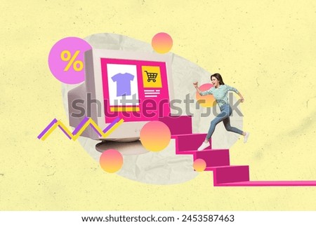 Composite photo collage of excited girl run pc screen make order shopping online black friday sale percent isolated on painted background Royalty-Free Stock Photo #2453587463
