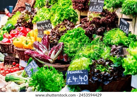 Fruit and vegetables on stall in Borough Market, Southwark, London, England, United Kingdom, Europe