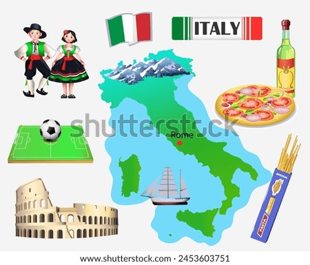 Italy. Outline of the country, architecture and national clothing. Set of clip arts vector illustration