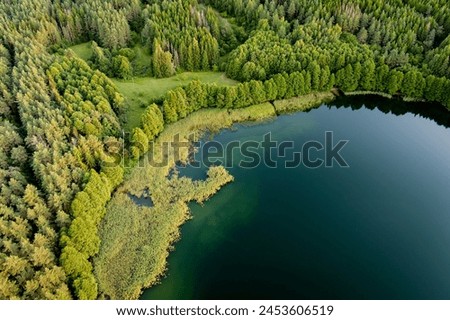 Beautiful aerial view of lake Galve, one of most popular lakes among water-based tourists, divers and holiday makers, located in Trakai, Lithuania. Royalty-Free Stock Photo #2453606519
