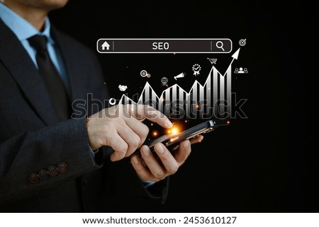 SEO, Search Engine Optimization concept. Businessman search with Ai assistant, search job on virtual screen, search engine optimization. Artificial Intelligence data technology for digital marketing 