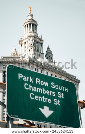 Park row south chambers street sign on the side of the street in Manhattan - New York City.