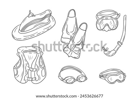 Set of scuba diving elements in doodle style. Clip art of things for summer vacation. Monochrome Vector outline illustration isolated on white background