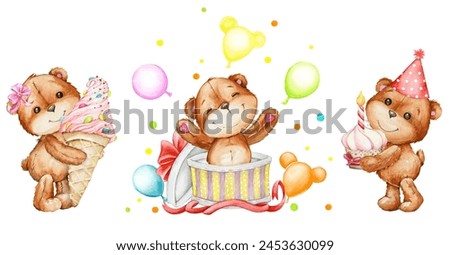 teddy bears, cake, ice cream, balloons, gifts. watercolor set, clip art.  in a cartoon style, on an isolated background.