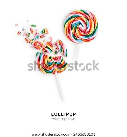Lollipop broken isolated on white background. Smashed lollypop candy set. Mishap concept. Creative layout. Top view, flat lay. Design element
 Royalty-Free Stock Photo #2453630101