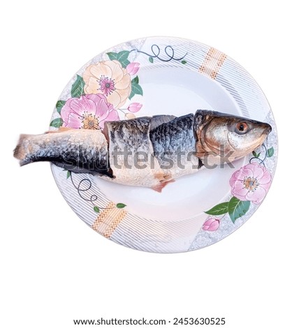 fresh fish slice in floral whit plate isolated on white background, fish picture, fish 