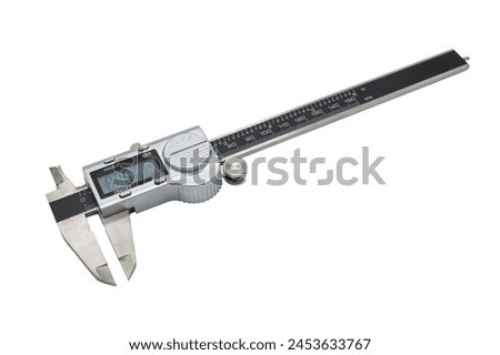 Detail of a modern high precision electronic caliper on a white background. This tool is prepared to withstand splashes and is waterproof with IP54 regulations. Royalty-Free Stock Photo #2453633767