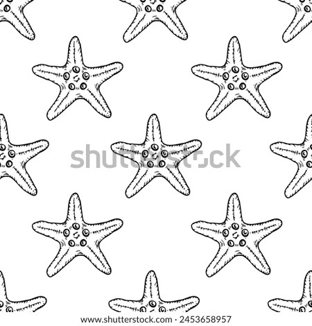 Underwater seamless pattern with starfish line art illustration in black color. Hand drawn sea star sketch, seashell drawing. Summer beach seaside print for background, textile, fabric, wrapping paper