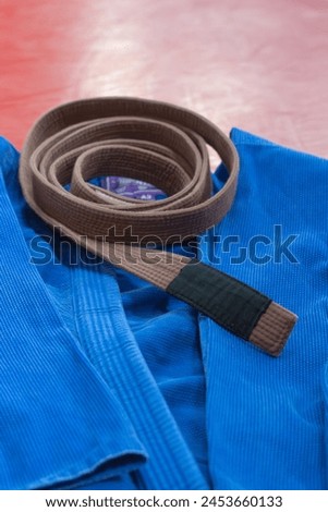Gi jiujitsu class kimono copy space background image, martial arts kimono, judo grappling tradition, brown belt.
