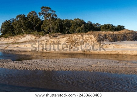A body of water with a sandy beach and trees in the background. The water is calm and blue.