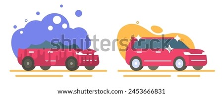 Car wash service vector graphic illustration icon, dirty dirt auto with foam and clean vehicle after washer modern design, new shiny automobile sparkling flat cartoon image clip art isolated cut out