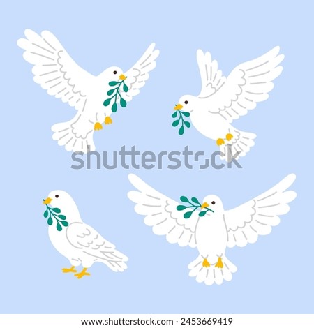 Vector illustration set of cute doodle doves with olive branches for digital stamp,greeting card,sticker,icon,design