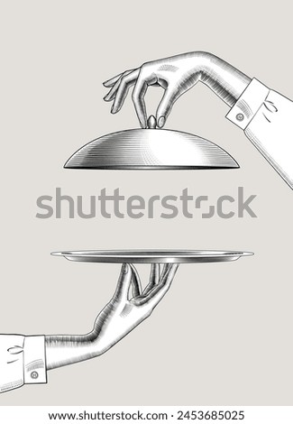 Two female hands holding a cover of a cloche tableware and a round tray. Vintage engraving stylized drawing. Vector illustration