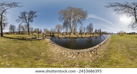 full seamless spherical hdri 360 panorama view near dam lock sluice on lake impetuous waterfall in equirectangular projection, VR content Royalty-Free Stock Photo #2453686395
