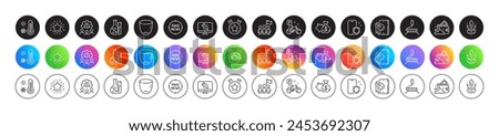 Piggy bank, Star and Phone protect line icons. Round icon gradient buttons. Pack of Leadership, Fake news, Weather thermometer icon. Bike, Engineering team, Paint roller pictogram. Vector