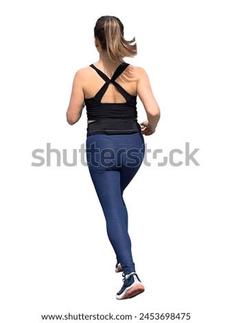 Rear view of a girl running in leggings. Athlete running fast in a marathon. Cutout Slim Woman blonde woman leading a healthy lifestyle. Cardio workout in the fresh air. Women Sportswear. Photo for 3d
