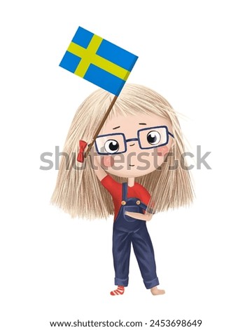 Funny cute girl with flag of Sweden. Bright clip art isolated