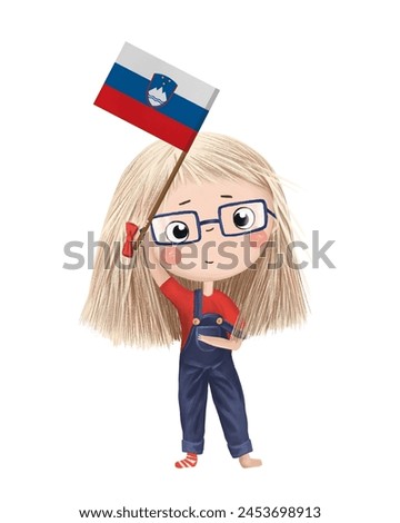 Funny cute girl with flag of Slovenia. Bright clip art isolated