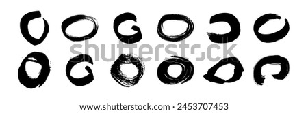 Black grunge brush strokes in circle form. Set of painted ink circles. Ink spot isolated on white background. Vector illustration