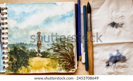 HAnd drawn watercolor sketch of African landscape with walking giraffe. Aquarelle illustration of wild animal. Exotic travel sketching. Learn to draw. Film grain texture. Soft focus. Blur Royalty-Free Stock Photo #2453708649