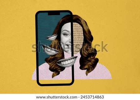 Creative image picture young cheerful woman laughing smartphone screen caricature pscychedelic concept novel story page cutout