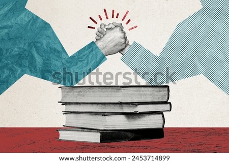 Photo collage picture books stack literature concept knowledge academic reader challenge arm wrestling competition strength measure Royalty-Free Stock Photo #2453714899