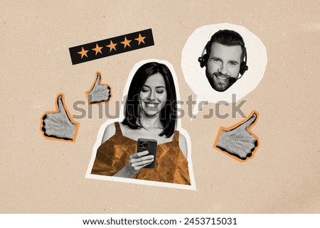 Composite photo collage of happy girl hold iphone video call man operator stars rating best quality help isolated on painted background