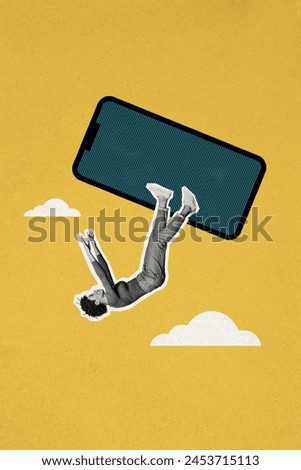 Vertical image collage falling young girl down sky clouds environment smartphone touchscreen addicted user social media