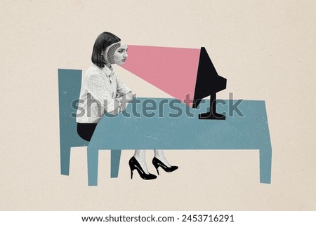 Composite photo collage of upset young faceless businesswoman computer light ray addiction workload isolated on painted background