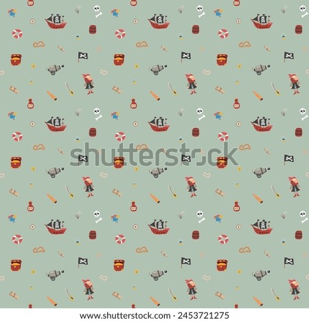 Cute Pirate elements Seamless Pattern. Cartoon items Pirate and objects. background. Vector illustration.
