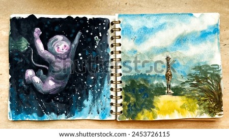Sketchbook pages with bright colorful watercolor illustrations. Sketches of spaceman in cosmos and African giraffe on paper. Hand drawn aquarelle pictures. Film grain texture. Soft focus. Blur
