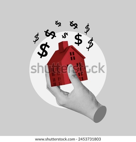 Model house, human hands, dollar icon, House, Real Estate, Investment, Loan, Earn money, Residential building, Savings, Homeowner, Dollar symbol, Give, Real estate agent, Grab