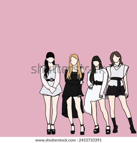 Vector illustration of four-member kpop idol girl group with girls crush concept. Street idols of Korea. K-pop female fashion idols. red carpet at an awards show for idols Royalty-Free Stock Photo #2453733391
