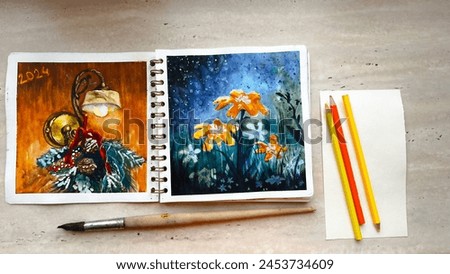 Sketchbook with vivid colorful watercolor illustrations and art tools on table. Aquarelle sketching. Watercolour sketches on paper. Film grain texture. Soft focus. Blur