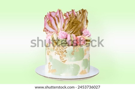 Beautiful pastel pink and green cream cheese cake with rice paper, edible gold and macaroons. Birthday cake isolated. Picture for a menu