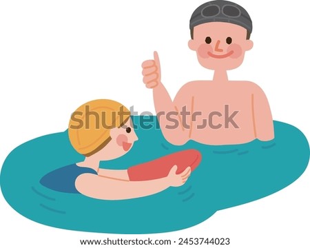 Clip art of child and teacher swimming on beat board