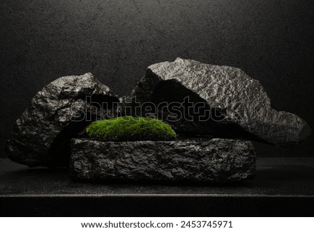 composition with stones and moss for product presentation. black stones with texture and green moss on a black background with free space for the product.