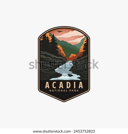 Acadia National Park logo patch badge illustration, beautiful River valley scenery vector design