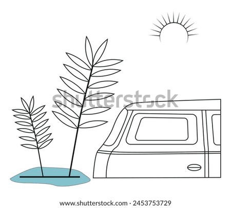 Beach table and view continuous one line drawing of outline vector illustration