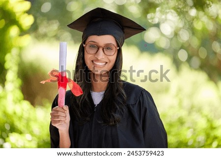 Portrait, graduate or girl with certificate of graduation on campus with smile, pride or excited. University, female student or photography for profile picture, social media or celebration post
