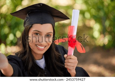 Student, selfie or girl in portrait with certificate of graduation on campus with smile, pride or excited. Graduate, female person or photography for profile picture, social media or celebration post