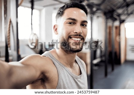 Gym, fitness or happy man in selfie on workout, exercise or training break for social media post. Influencer, sports or healthy Arab person in photo for online profile picture with smile or wellness