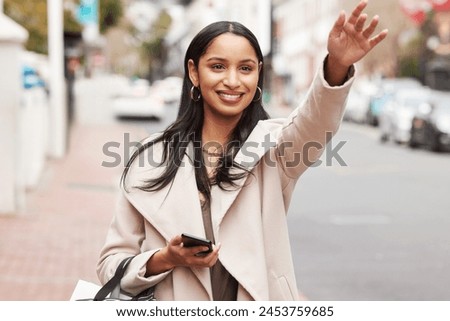 Happy woman, travel and taxi with hand sign at city for lift, tourist or commute on sidewalk. Female person or customer with smile or hailing cab for transportation, shopping or tour in an urban town