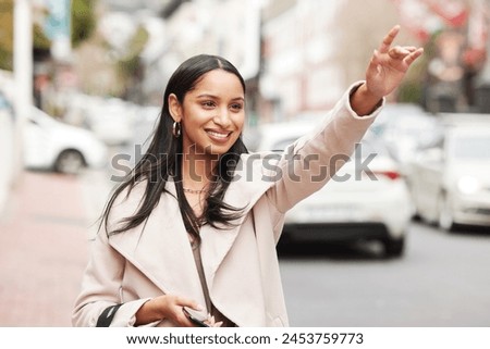 Happy woman, lift and taxi with hand sign at city for travel, tourist or commute on sidewalk. Female person or customer with smile or hailing cab for transportation, shopping or tour in an urban town