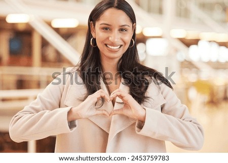 Woman, hands and heart with emoji, smile and love for retail boutique with portrait. Customer, mall and shopping for valentine gift, sale and discount for fashion present and service with sign